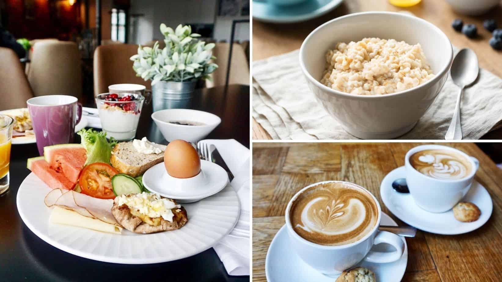 porridge, boiled eggs, Finnish rice pie, coffee, and breakfast foods on table
