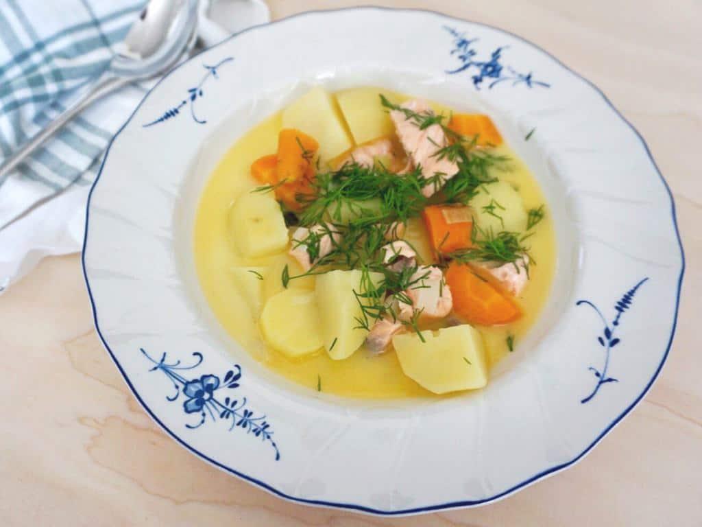 finnish salmon soup is a wonderful dish with clean vegetable flavors and big chunks of salmon