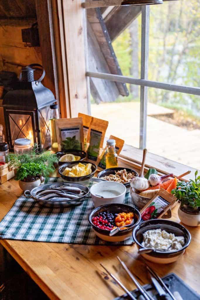 a variety of Finnish lunch foods spread across a table