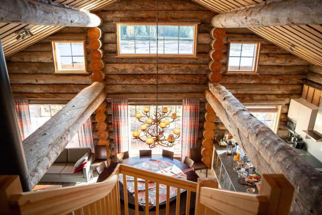 A wooden cabin's living room in Ruka-Kuusamo.