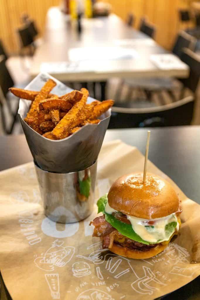 Fries and burger at a restaurant