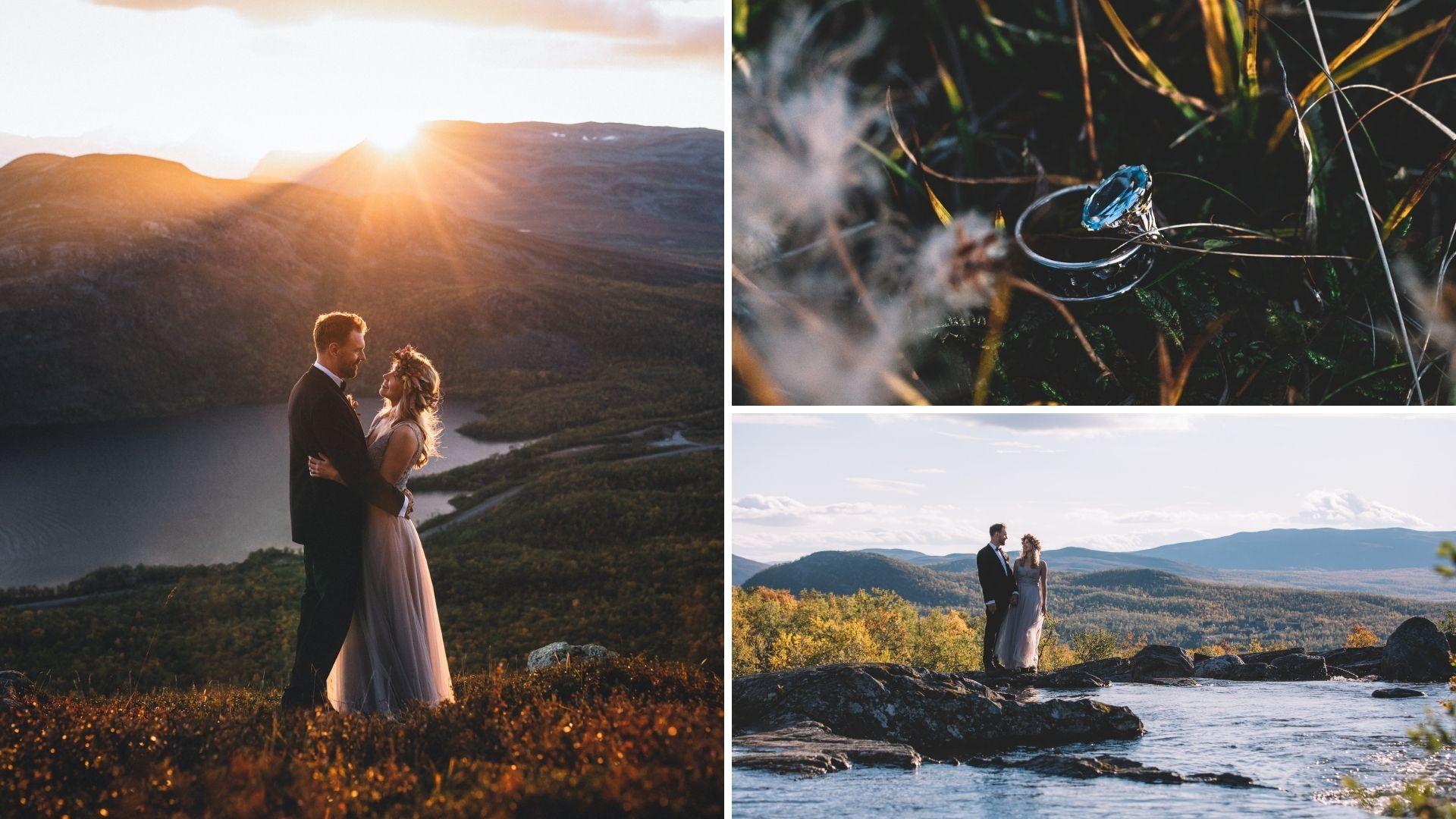Wedding couple in arctic wilderness in the Finnish Lapland
