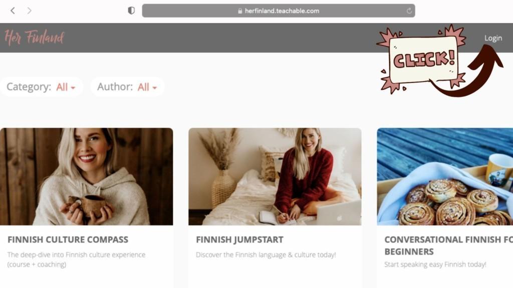 Click the upper right corner with the word login to access your Her Finland class
